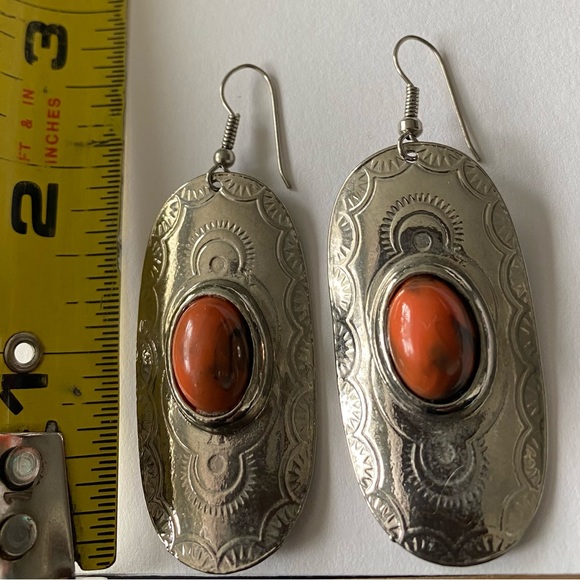 Vintage silver earrings 1 3/4 drop natural color stone - Picture 4 of 7